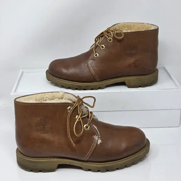 Vtg Timberland Womens 6.5 USA Brown Leather ankle Boots Sherpa Oil Resistant - Picture 1 of 10